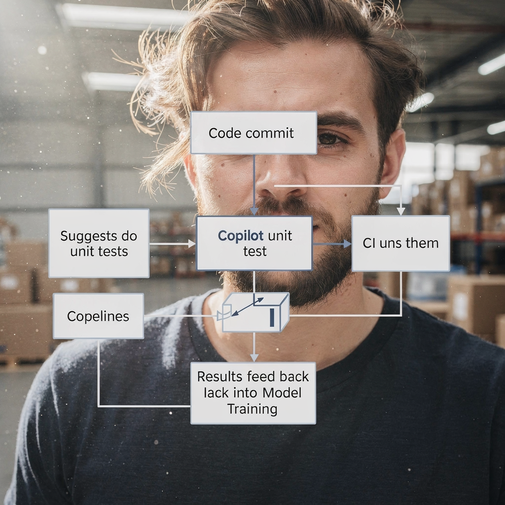 AI-assisted QA pipeline diagram A conceptual diagram showing AI-assisted QA pipelines: code commit triggers a copilot that suggests unit tests, CI runs them, and results feed back into model training, clean modern illustration no text