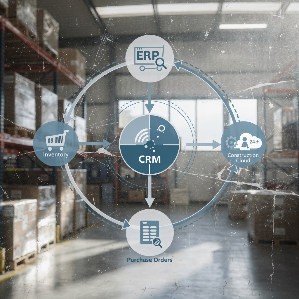 AI, der forbinder ERP, CRM og en bygge‑cloud for lager og indkøb