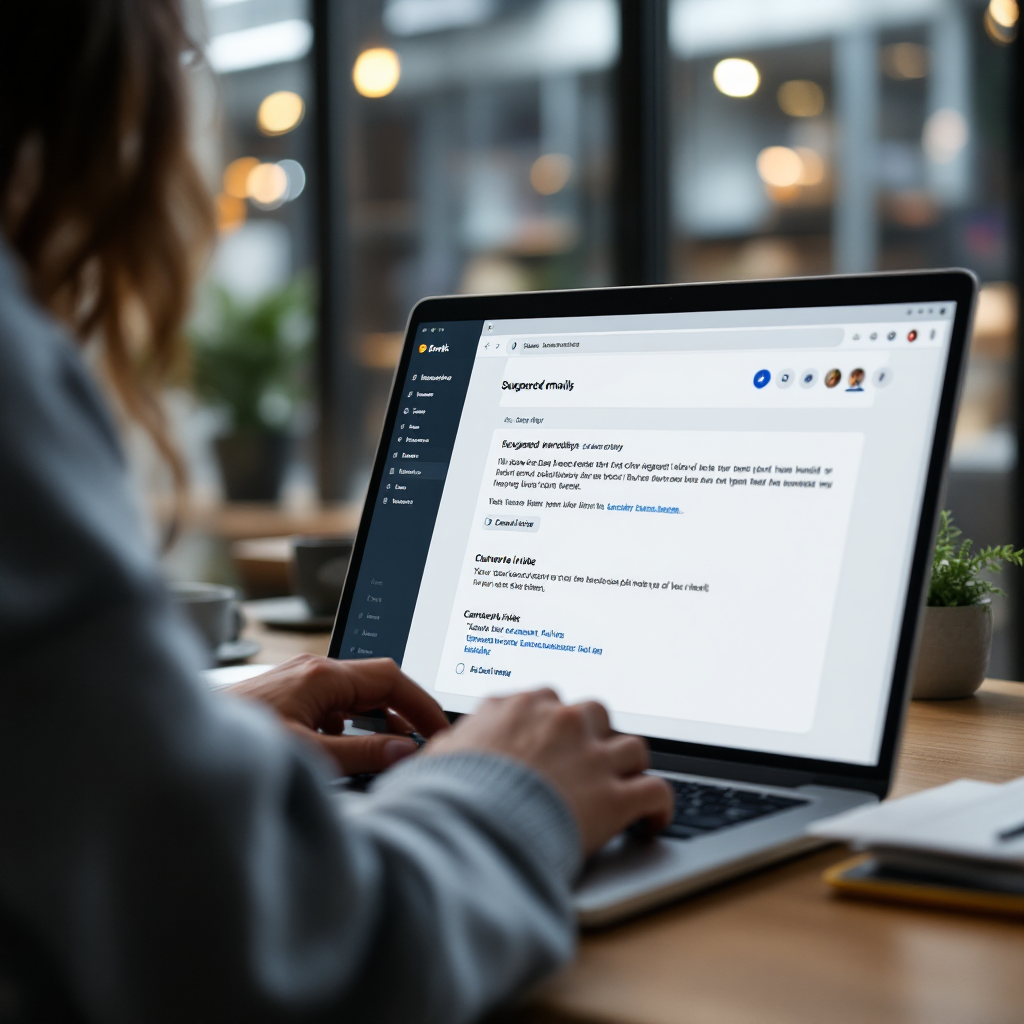 Close-up of a laptop showing a drafted email with suggested replies and calendar invite options, modern workspace, no text