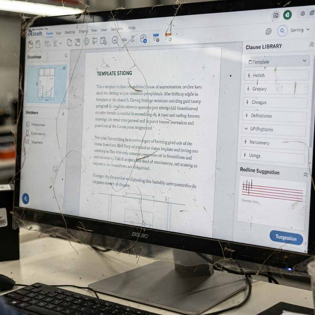 Interfaz de redacción con IA con selector de plantillas, biblioteca de cláusulas y panel de sugerencias de redline