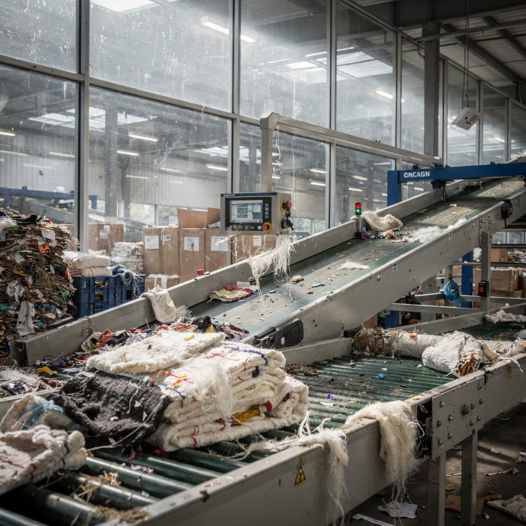 A textile recycling facility with sorting conveyors and AI scanners identifying fibers, bright industrial lighting, no text
