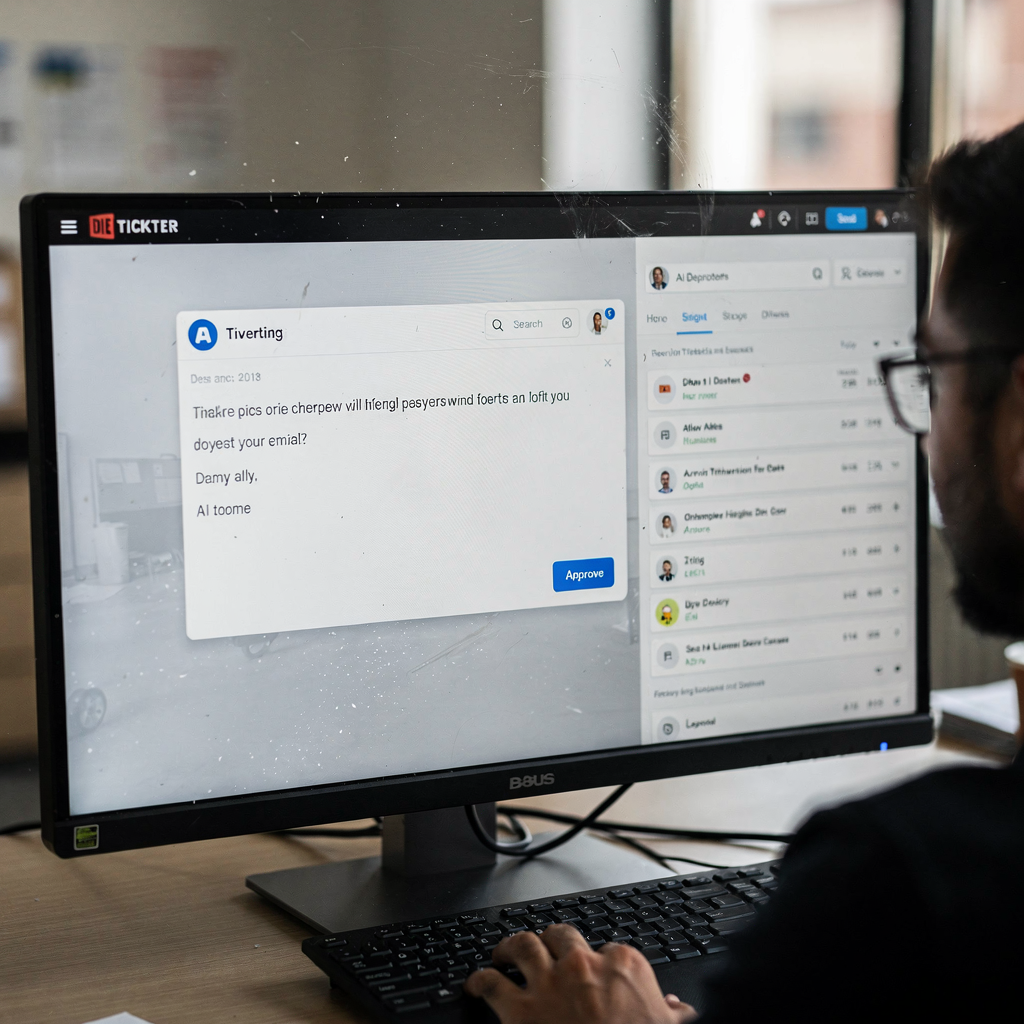 AI-generated email draft beside ticketing system