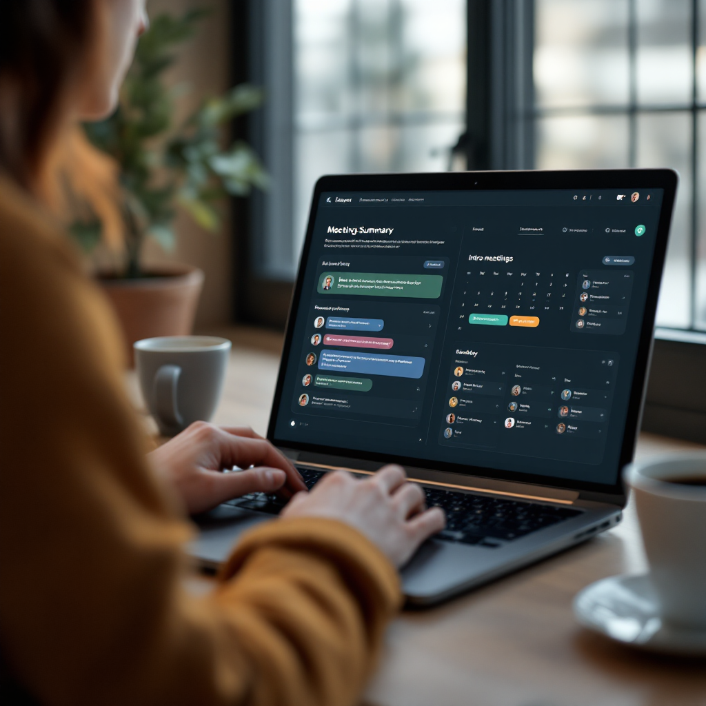 Close-up of a laptop showing an AI-generated meeting summary next to a calendar with scheduled intro meetings; clean workspace with a coffee cup