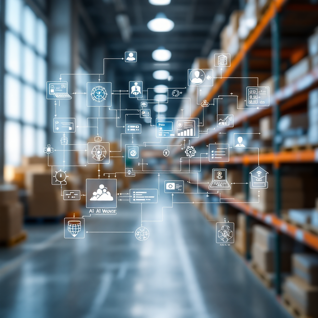 Diagrama de orquestación de IA que muestra conectores y flujos de trabajo