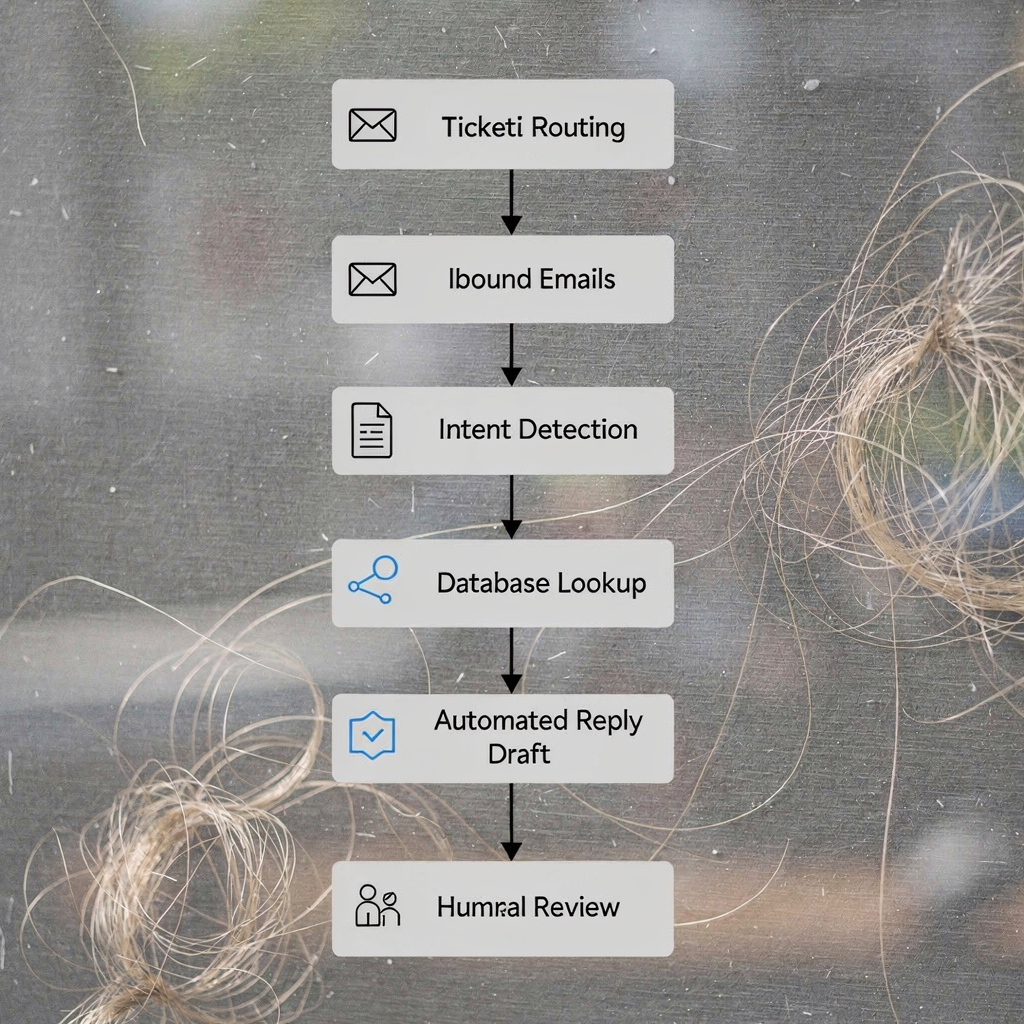 Flow diagram showing AI-driven ticket routing: inbound emails, intent detection, database lookup, automated reply draft, human review and escalation. Clean icons and neutral colours, no text inside image.