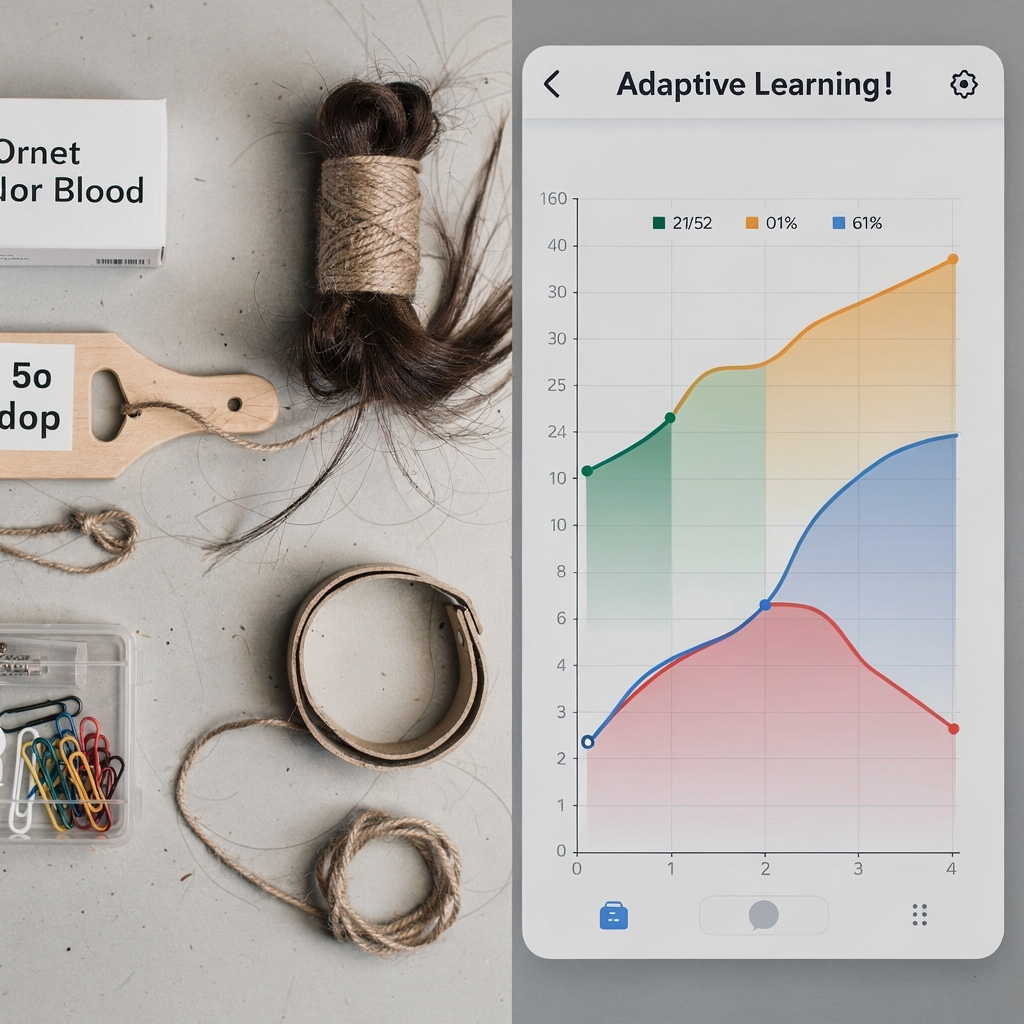 Adaptive learning personalized practice and progress A split-screen view showing personalized practice items on one side and an adaptive learning progress graph on the other, with a clean interface and neutral background