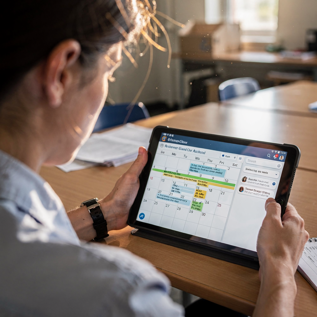 Administrator viewing calendar and email on tablet