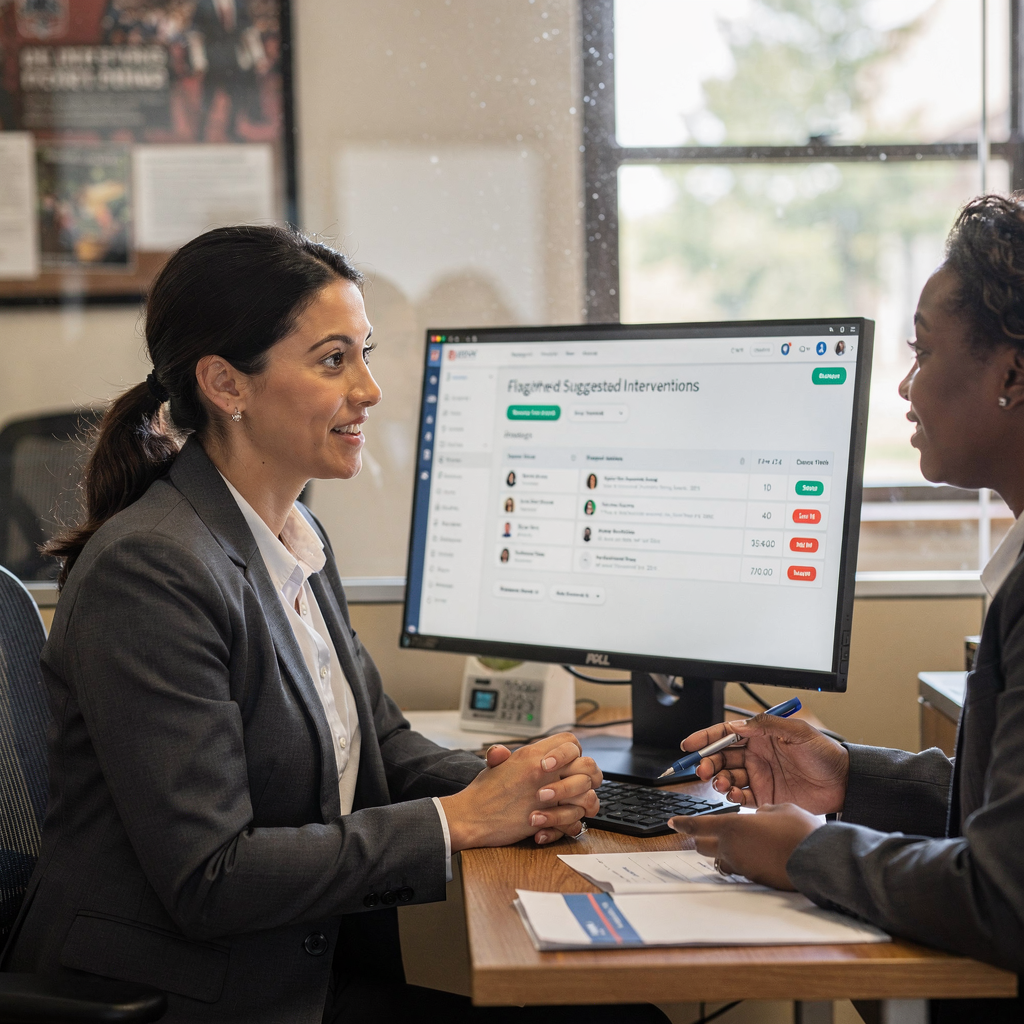Asesor revisando alertas de estudiantes y sugerencias de intervención