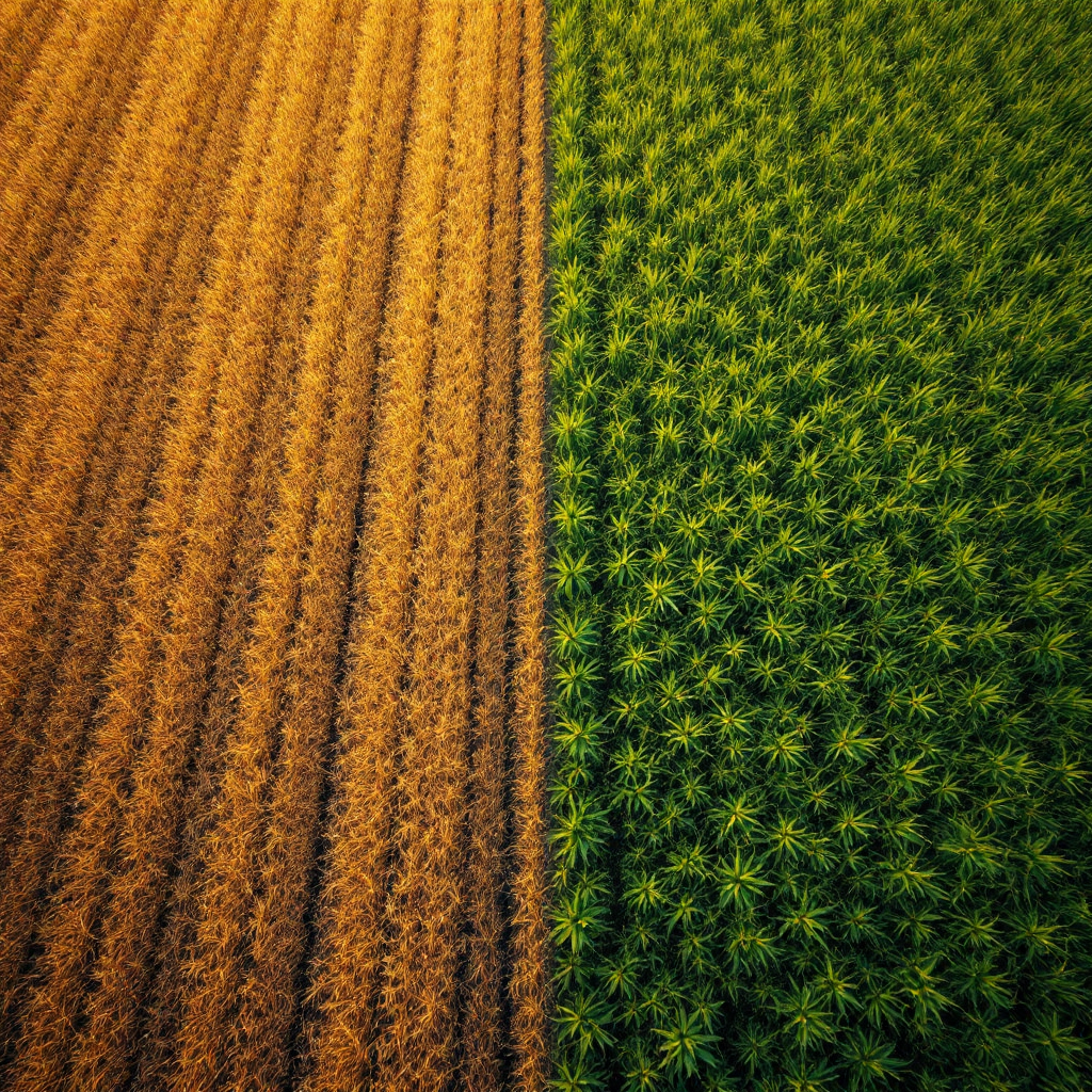 Close-up aerial view of a healthy crop field adjacent to a stressed patch with visible color differences, no text