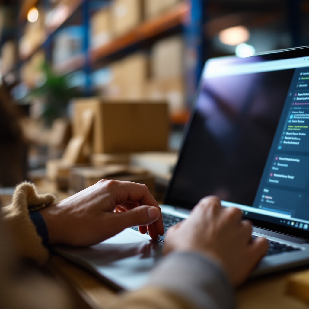 A close-up of a customer support agent editing an AI-drafted reply in an email client on a laptop, showing a clean interface and contextual order details on a side panel, no text or numbers