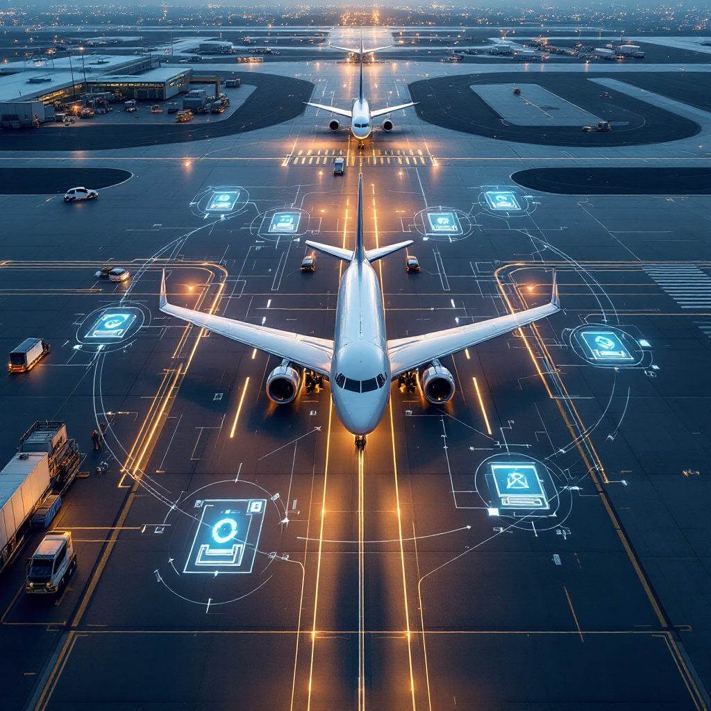 Airport ramp with AI monitoring overlays An aerial view of an airport ramp with AI overlays conceptually showing aircraft, gates, ground vehicles and data flow indicators. No text or numbers, high-resolution photo-realistic style.