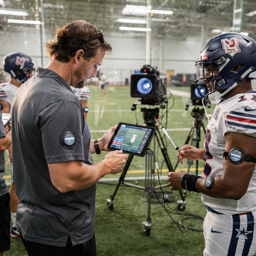 Amerikaans-voetbaltraining met sensoren en een coach die biometrische gegevens bekijkt