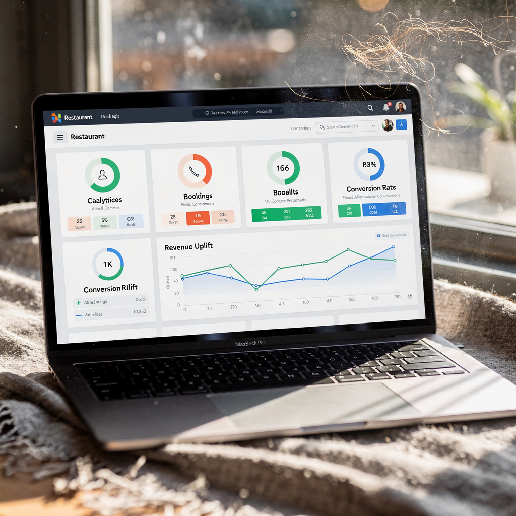 Dashboard grafica su un laptop che mostra metriche di chiamate, prenotazioni, tassi di conversione e aumento dei ricavi per un ristorante, interfaccia pulita, nessun testo