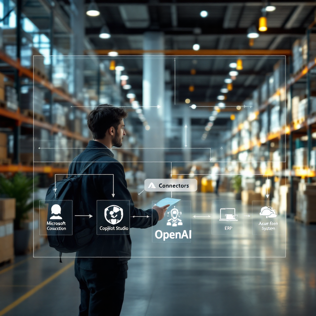 Architecture connecting Copilot Studio, Azure and ERP systems A simple architecture diagram showing Microsoft 365, Copilot Studio, Azure OpenAI, an ERP system and connectors flowing between them. Clean icons and arrows, no text in the image.