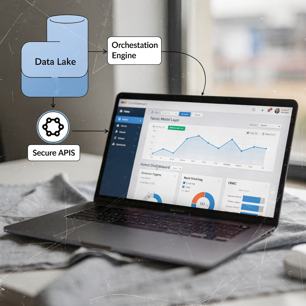 A simplified technical diagram showing a data lake, model layer, orchestration engine and a CRM dashboard on a laptop screen, connected via secure APIs