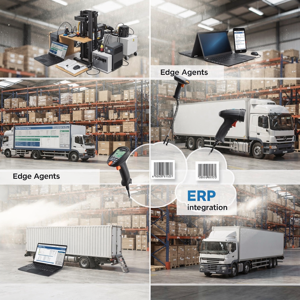 Architectuurdiagram van edge- en cloud-agents met ERP-integratie Architectuurdiagram van edge- en cloud-agents met ERP-integratie