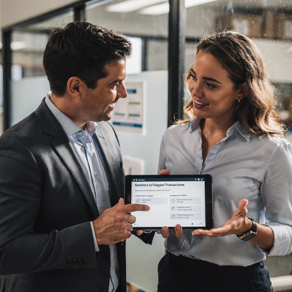 Auditores revisando transacciones señaladas y pasos sugeridos