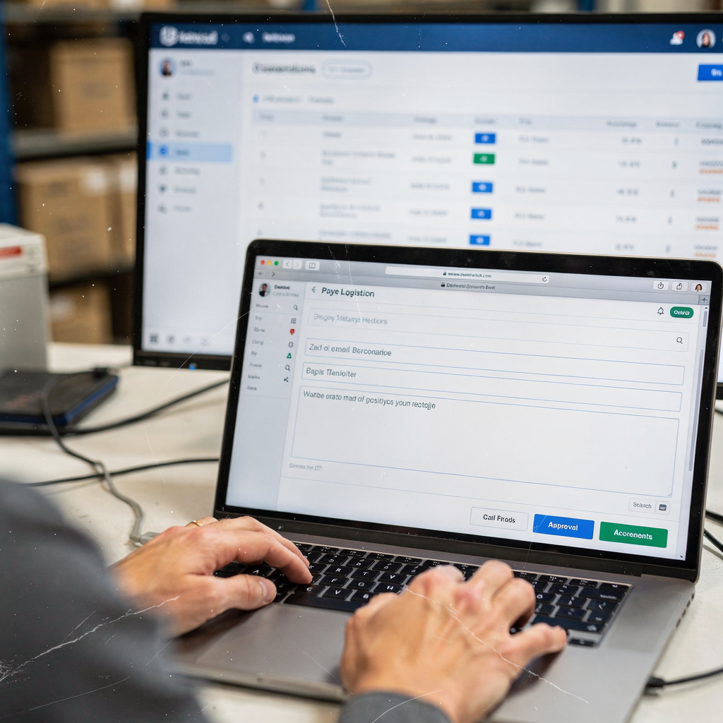 Close-up of an email draft on a laptop screen showing a populated template and approval buttons, with a logistics dashboard in the background