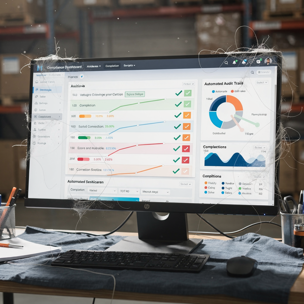 A modern compliance dashboard on a desktop screen showing automated audit trails, completion ticks, and visual KPIs, clean UI, no text