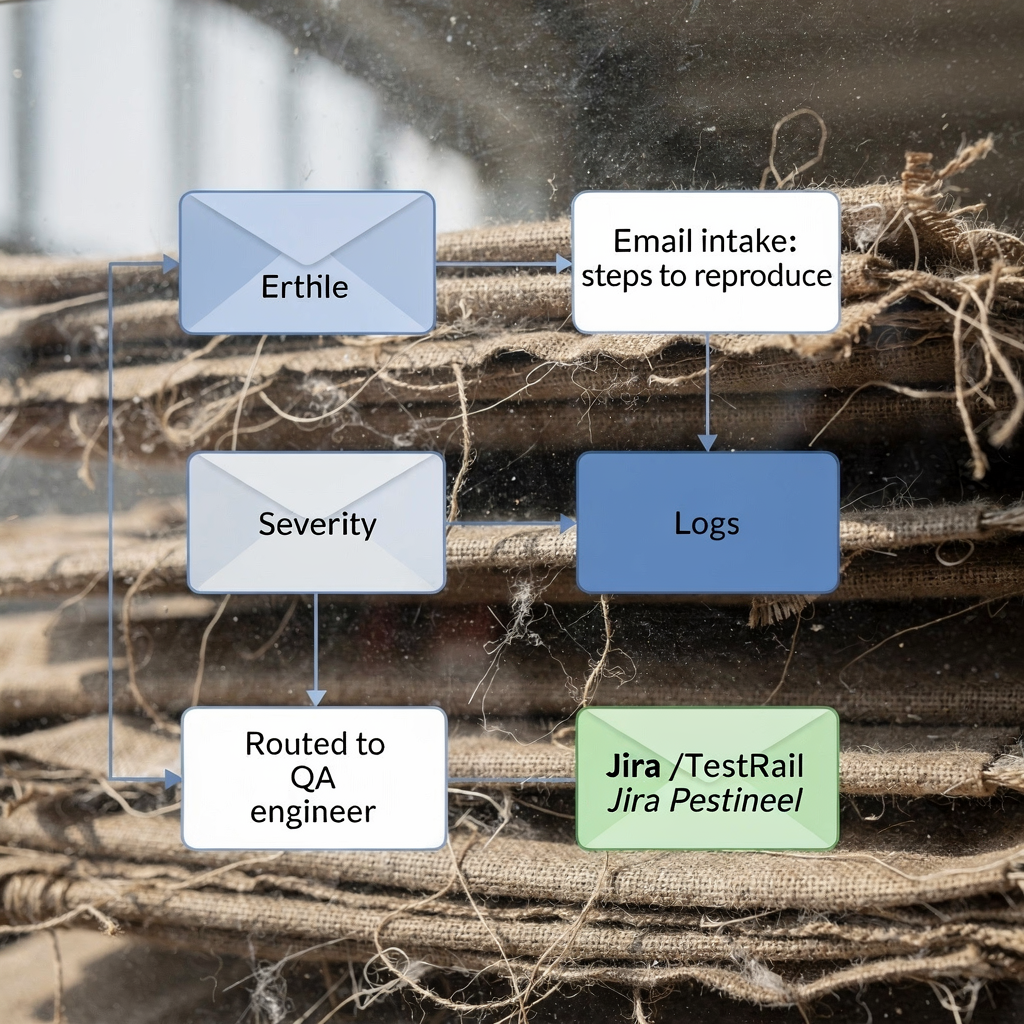 Diagramm eines automatisierten E‑Mail‑zu‑Jira/ TestRail‑Workflows
