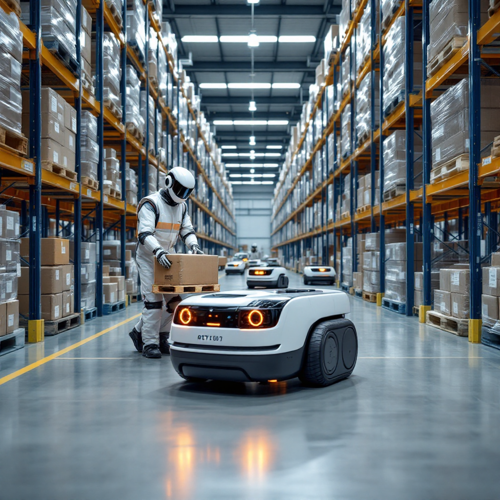 Autonome robots in een magazijn die pallets verplaatsen