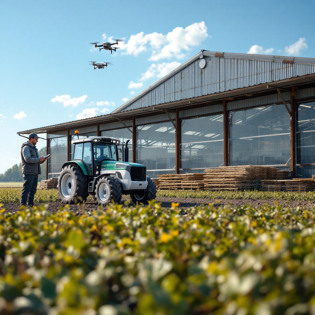 Autonomous tractor and drone operating on a field with technician A farmyard scene showing a small autonomous tractor in a field, a technician checking a tablet nearby, and a drone hovering in the background under blue sky