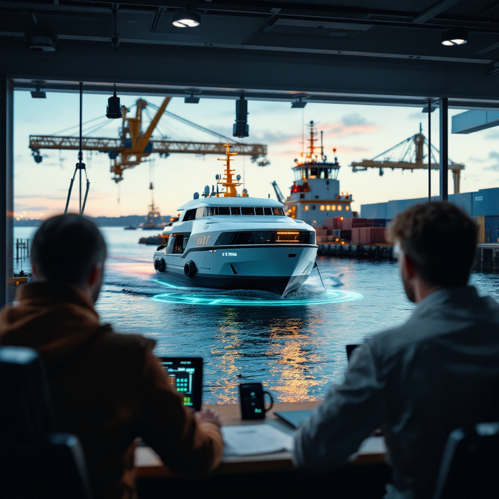 Autonomous vessel docking with control center telemetry Harbor scene showing an autonomous vessel docking with supporting tug and a control center screen displaying vessel telemetry and scheduling information, no text or numbers
