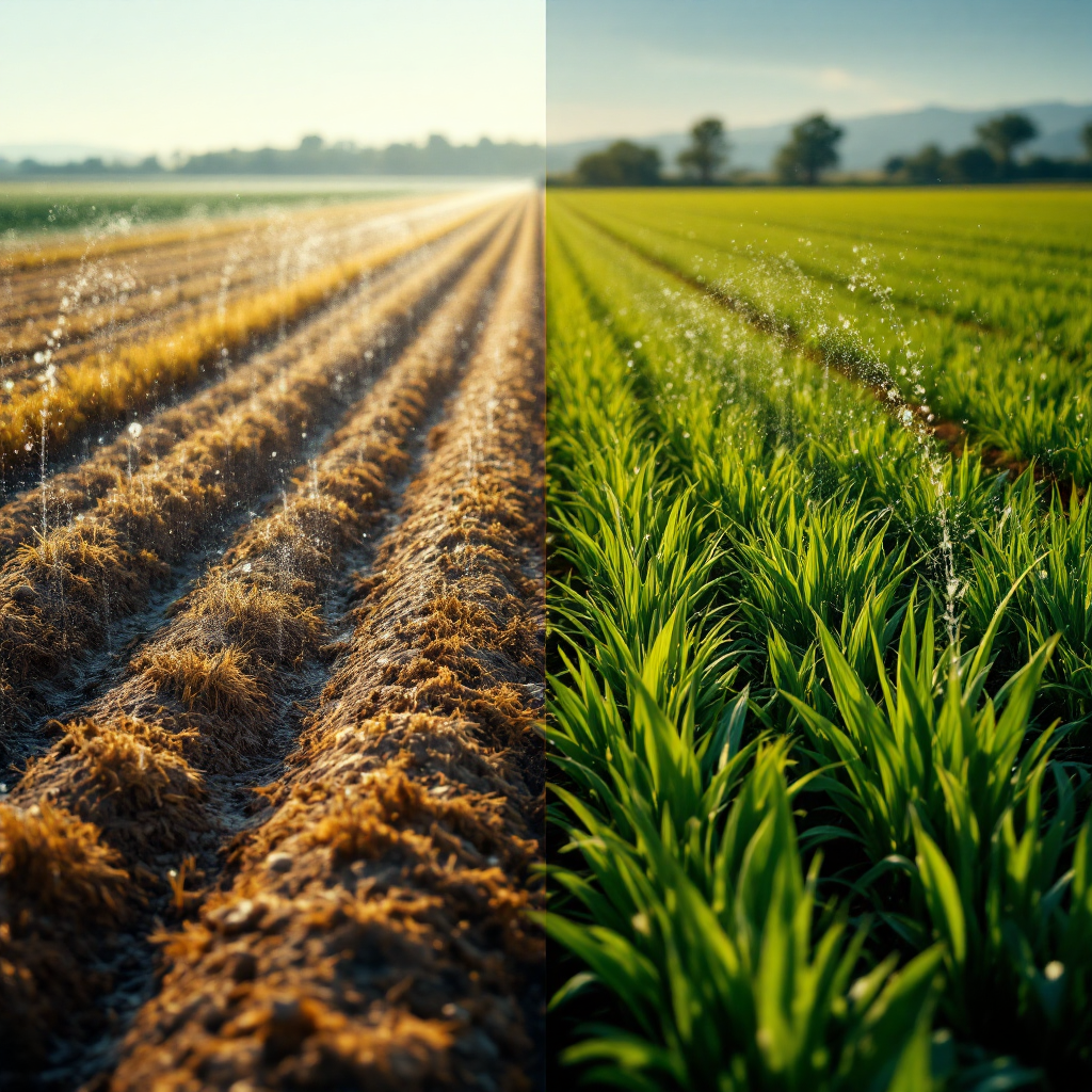 A side-by-side visual: left panel shows high water use with drip lines and blue shading across a field, right panel shows reduced water zones and greener crops where irrigation is managed precisely. No text or numbers in the image.