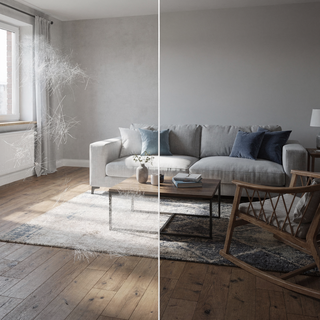 Before and after virtual staging A split-screen image showing an empty living room on one side and the same room virtually staged on the other, high-resolution, realistic furnishings