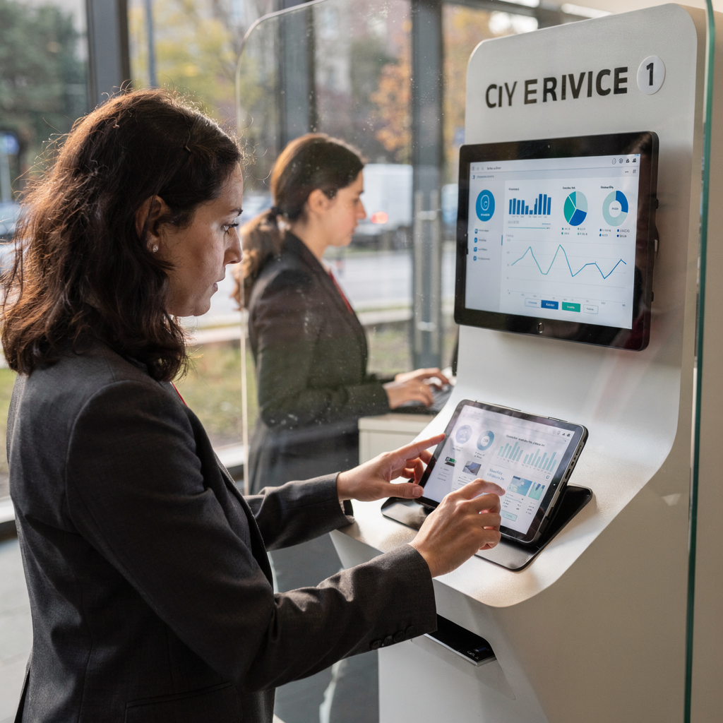 Burger die bij een servicekiosk met een digitaal agent interacteert Burger die bij een servicekiosk met een digitaal agent interacteert