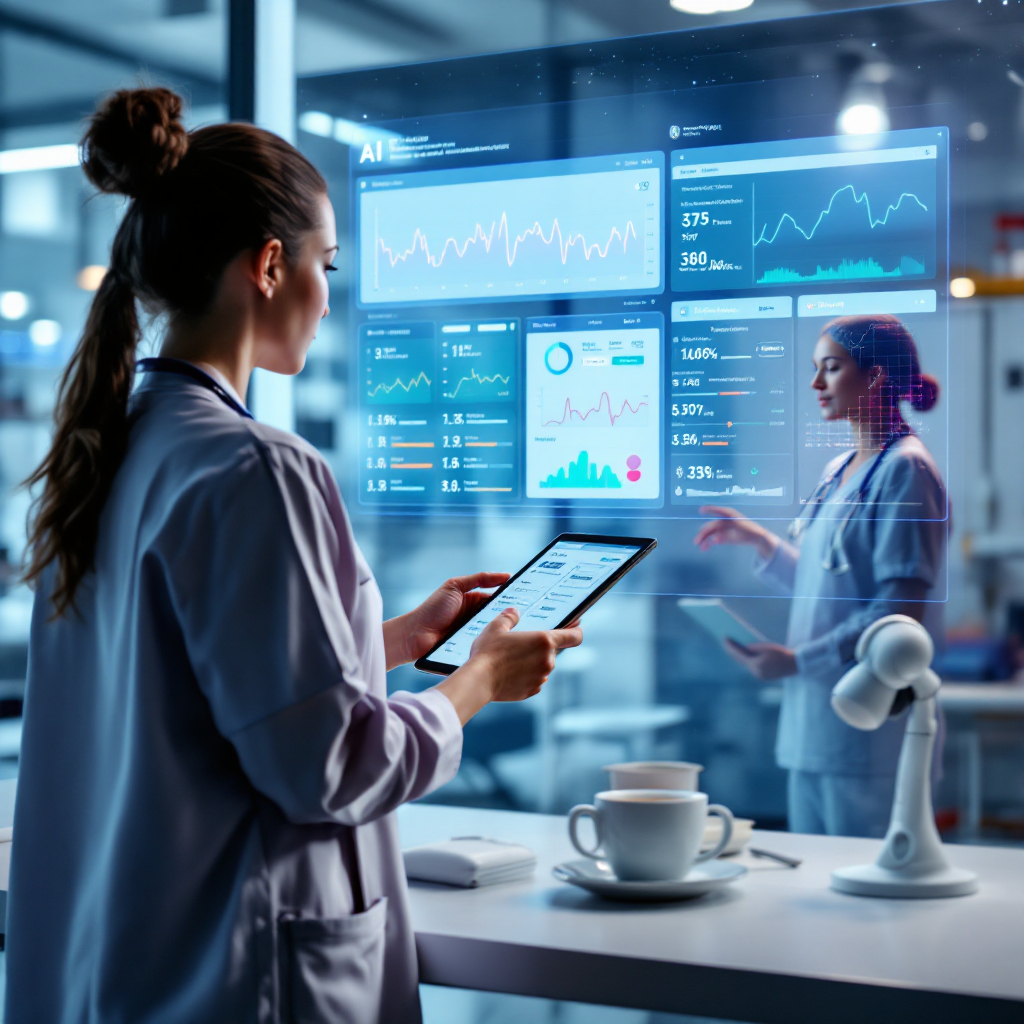 A clinician reviewing an AI dashboard that highlights a patient's vital trends and recommended next steps, with a nurse nearby looking at a tablet (no text)