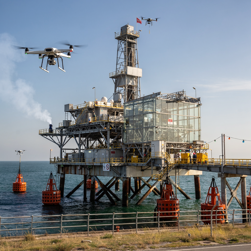 Kystanlæg med sensorbøjer og droner, der indsamler emissionsdata