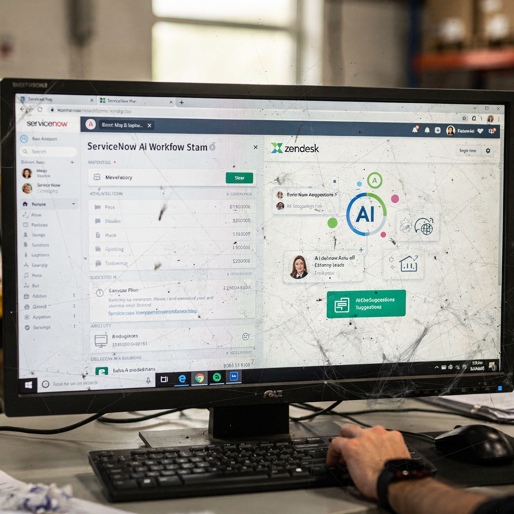 A split-screen comparison UI showing ServiceNow workflow on one side and Zendesk agent interface on the other, with abstract icons for AI suggestions and analytics (no text)