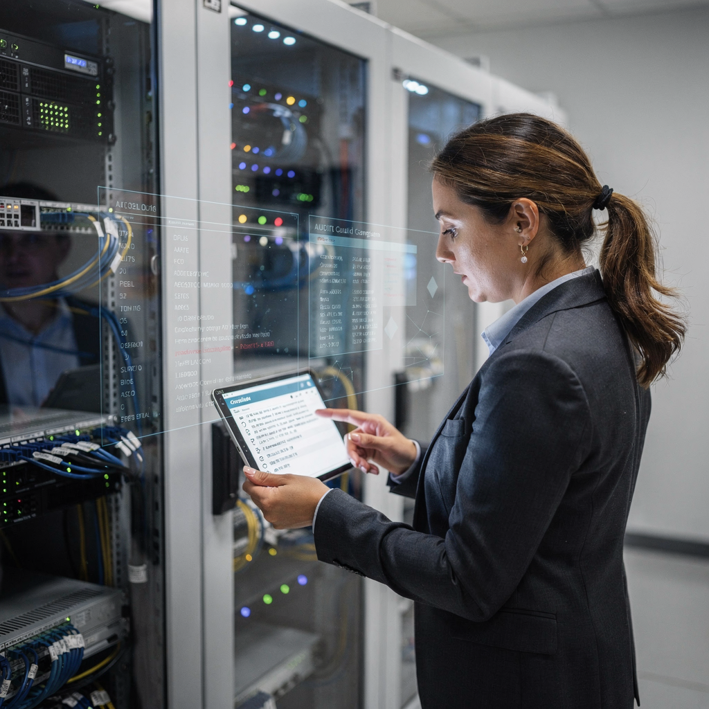 A secure server room and a compliance officer reviewing audit logs on a tablet, conveying enterprise-grade data protection and auditability. No text or numbers in image.