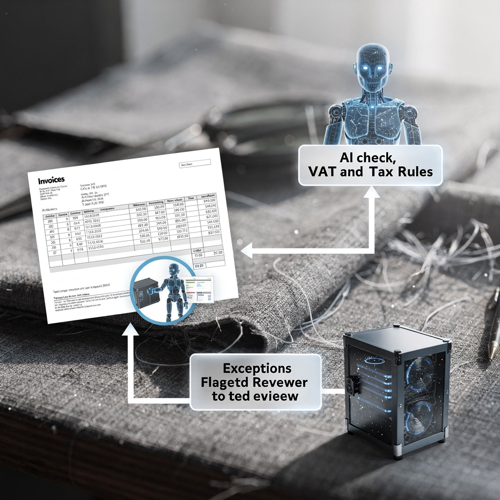 Compliance workflow with AI agent checking invoices A clear visual of a compliance workflow: incoming invoices, an AI agent checking VAT and tax rules, exceptions flagged to a reviewer, and a secure evidence vault. No text or numbers in image.
