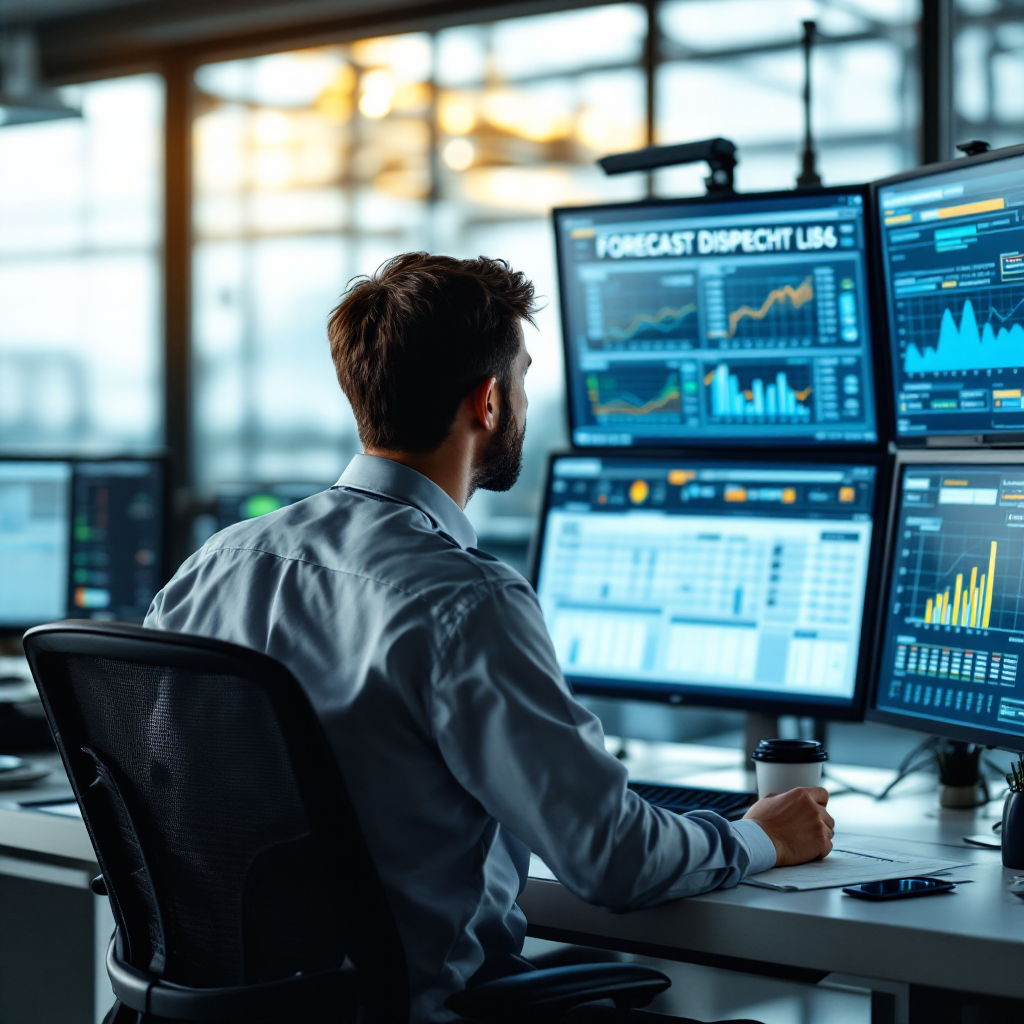 Control room showing forecasts and battery dispatch Operator at a control room with multiple screens showing forecast charts, battery dispatch schedules, and network diagrams, no text or numbers