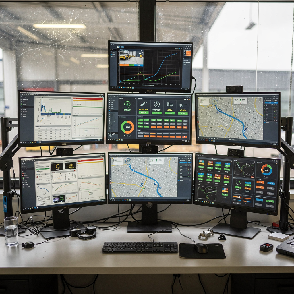 Schaltzentrale mit Dashboards zur Überwachung von Fahrzeugflotte und Anlage