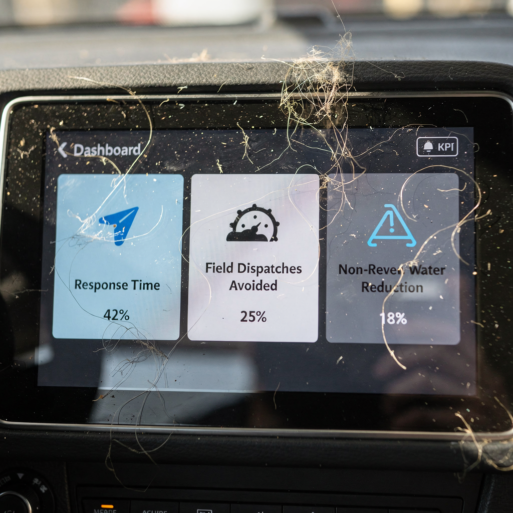 Dashboard mockup showing KPI tiles for response time, field dispatches avoided, and non-revenue water reduction, clean interface, no text or logos in image