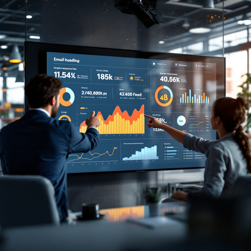 A modern control-room style dashboard on a large screen showing KPIs for email handling, response time, cargo bookings and an activity feed, with people pointing at charts, no text or numbers in image