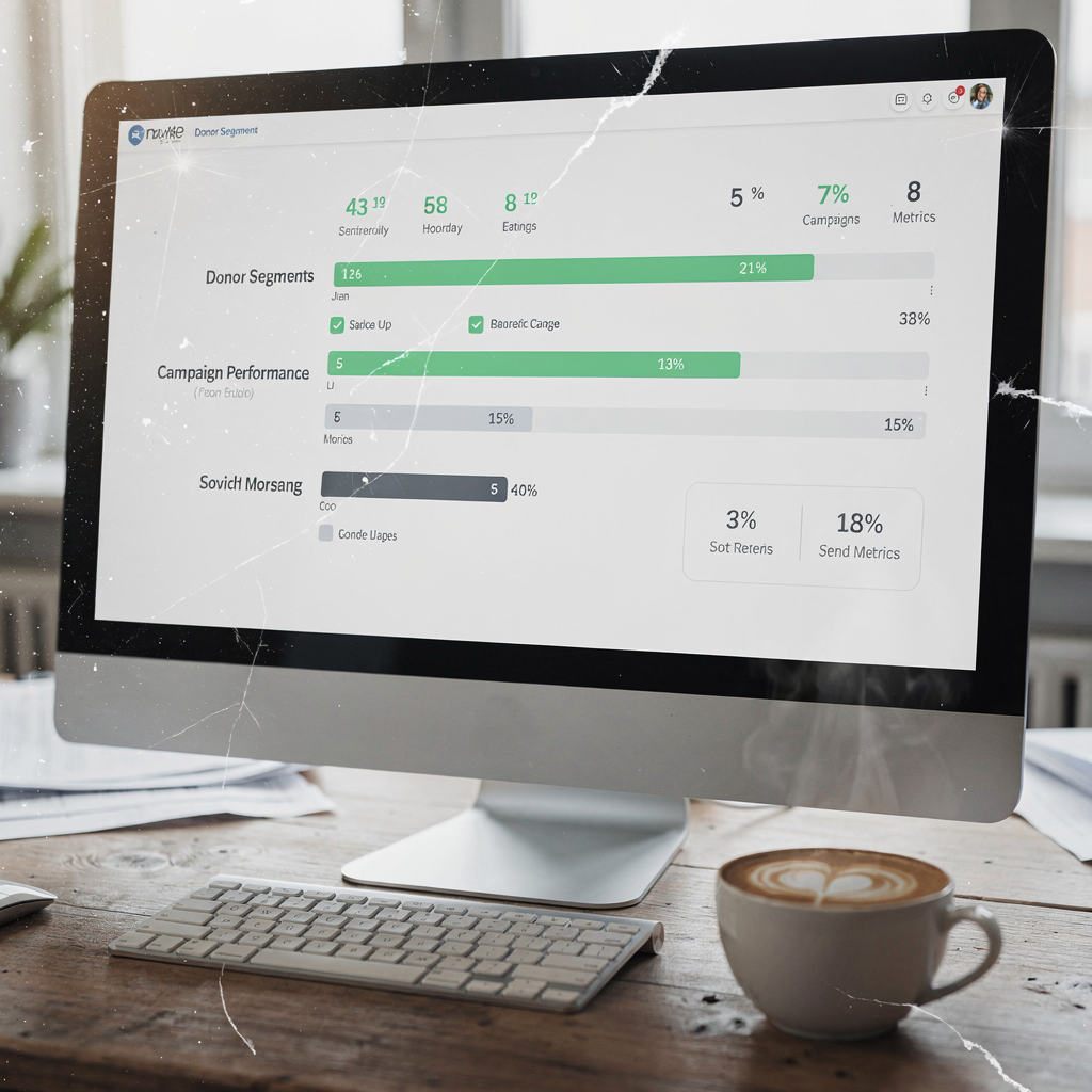 An illustrated dashboard showing donor segments, campaign performance bars and simple metrics on a desktop screen with a coffee cup nearby, no text or logos