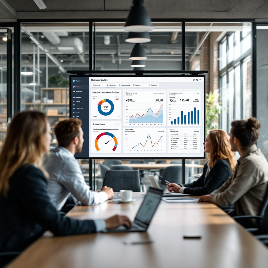 An executive dashboard displaying metrics for email response time, compliance incidents, and CRM updates, with team members reviewing performance in a conference room (no text or numbers)