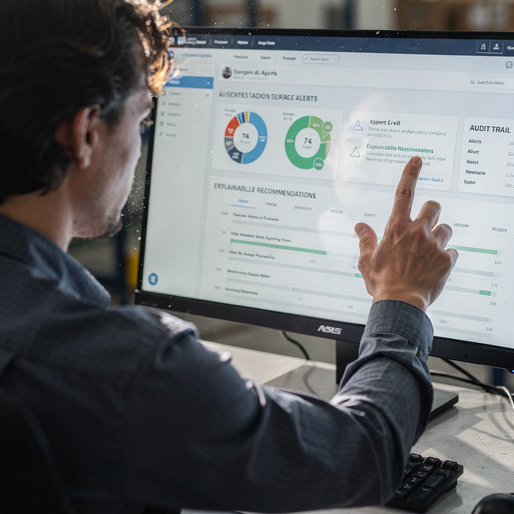 Tableau de bord avec alertes d'agents IA et piste d'audit