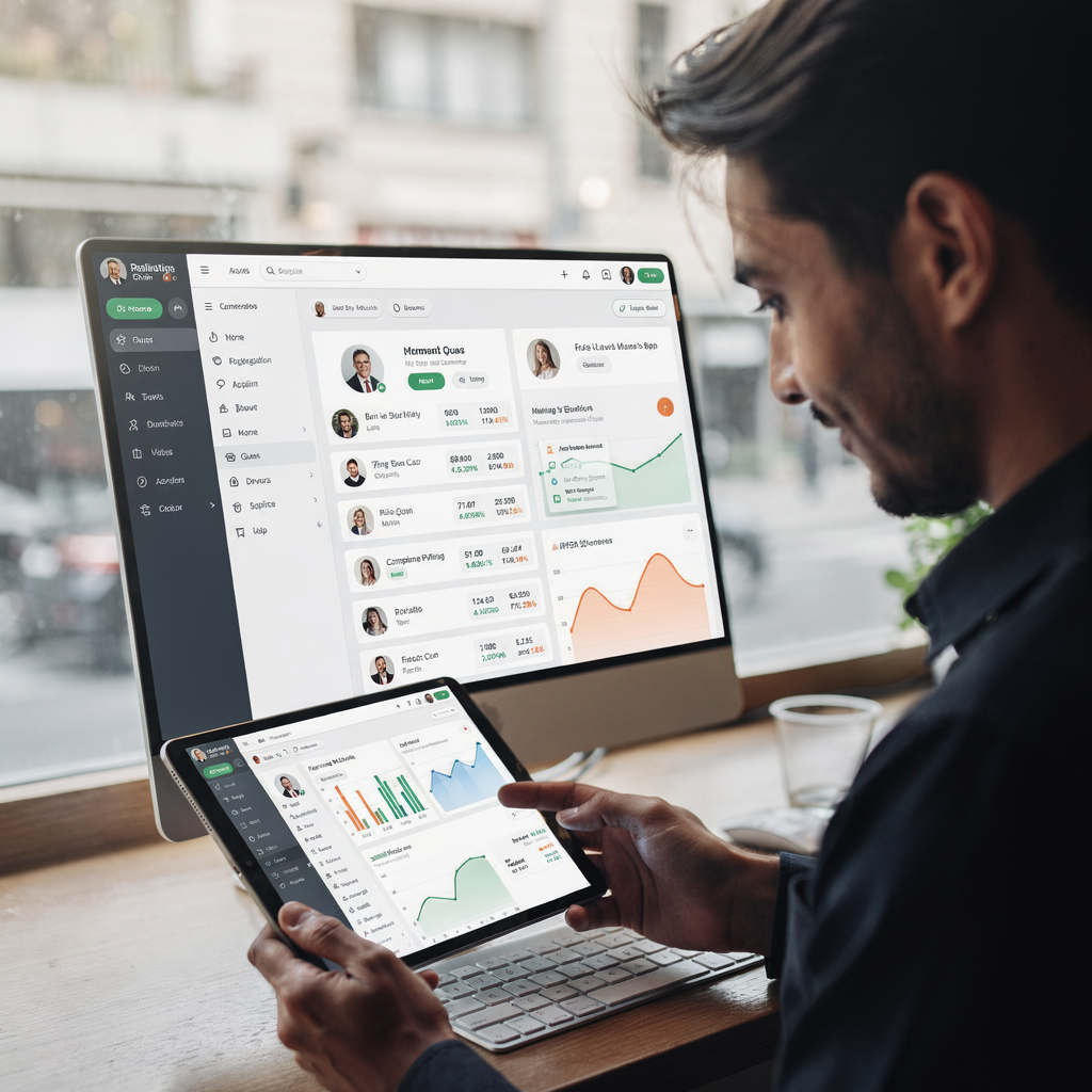A centralised dashboard showing guest profiles and site-by-site analytics for a restaurant chain, with staff nearby reviewing data on a tablet, clean modern interface, no text or numbers in image
