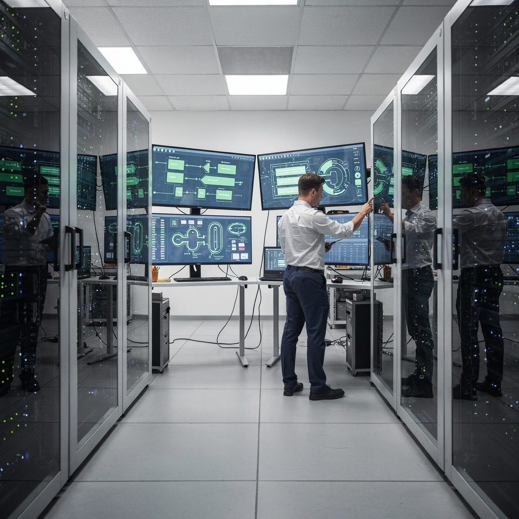 Centro de dados com painéis de monitoramento de energia
