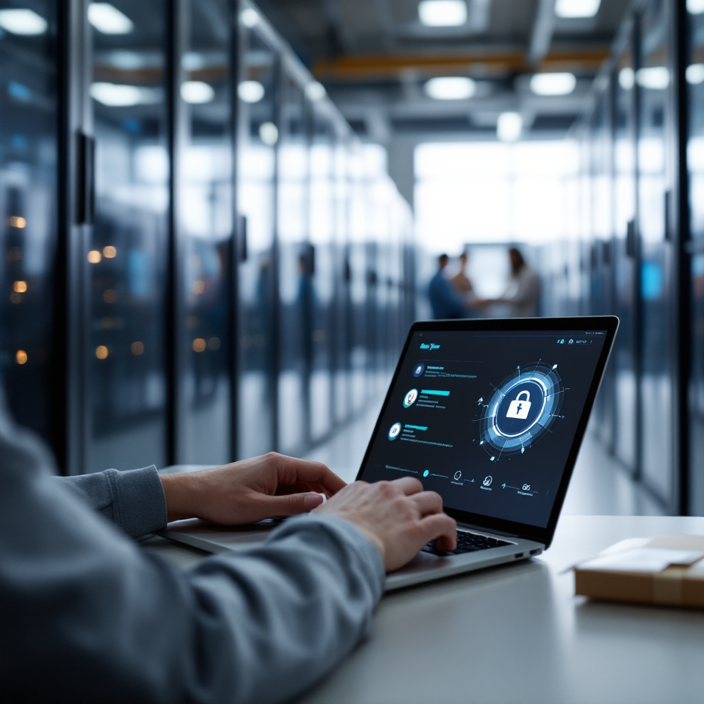 Data sync and CRM integration for compliance A clean server room and a person using a laptop showing data sync icons, subtle medical package in foreground, no text