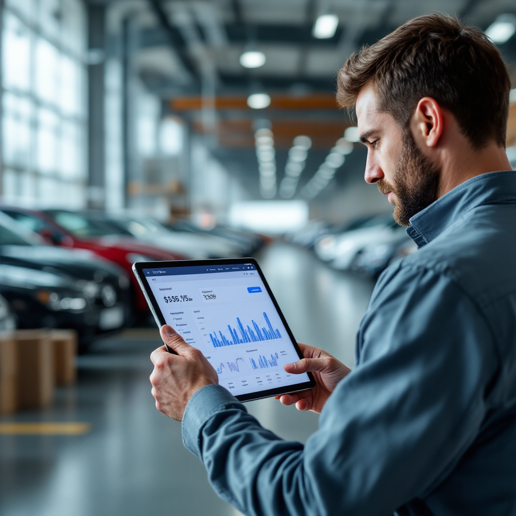 Gerente del concesionario usando una tableta para gestionar inventario y precios Gerente del concesionario usando una tableta para gestionar inventario y precios