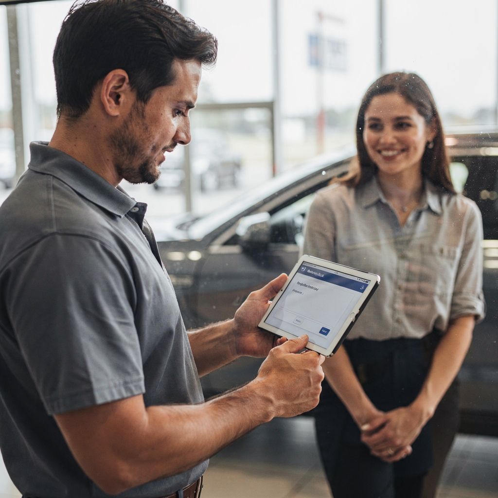 Dealership technician confirming a service appointment on tablet A technician at a dealership using a tablet to confirm a service appointment while a customer smiles in the background; no text visible