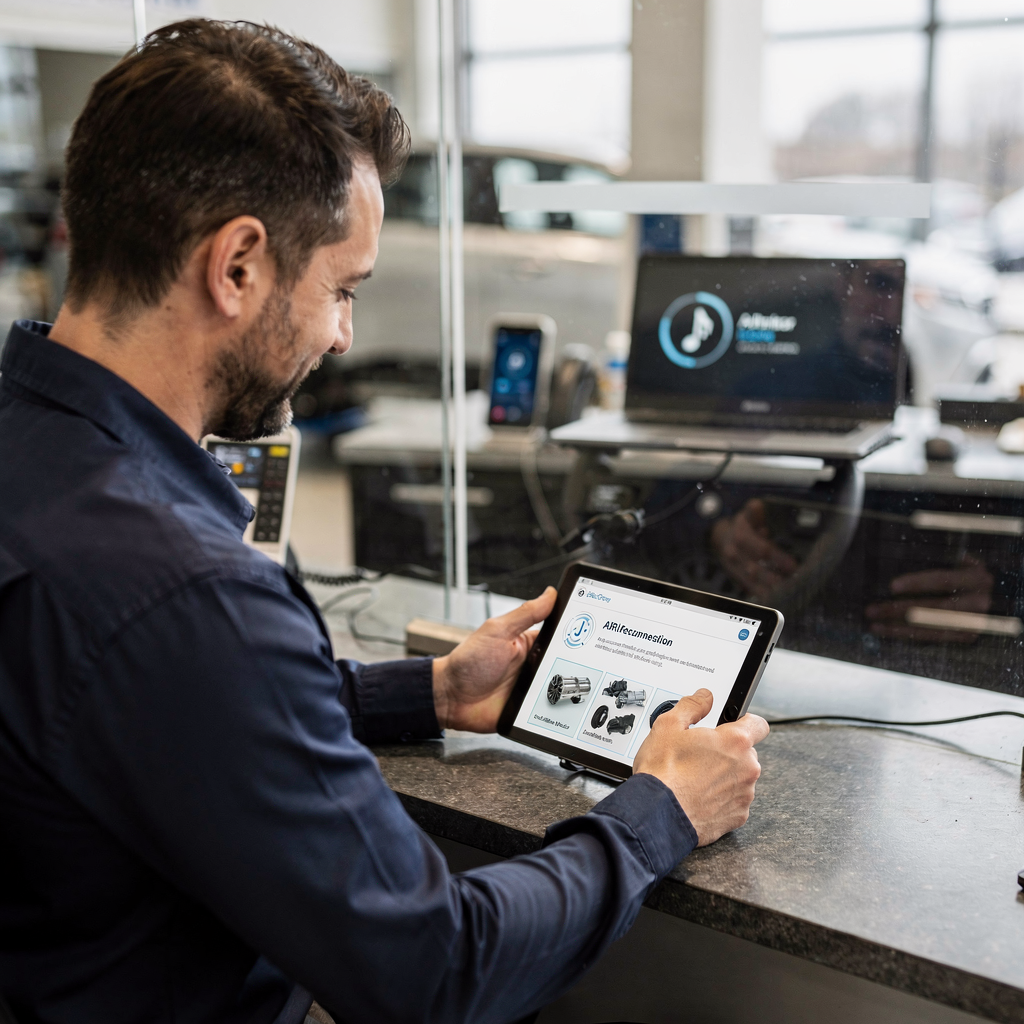 Dealership technician reviewing AI parts recommendation A friendly car dealership service desk where a technician uses a tablet showing an AI recommendation for parts and a voice-activated in-car assistant demo in the background, natural colours, no text