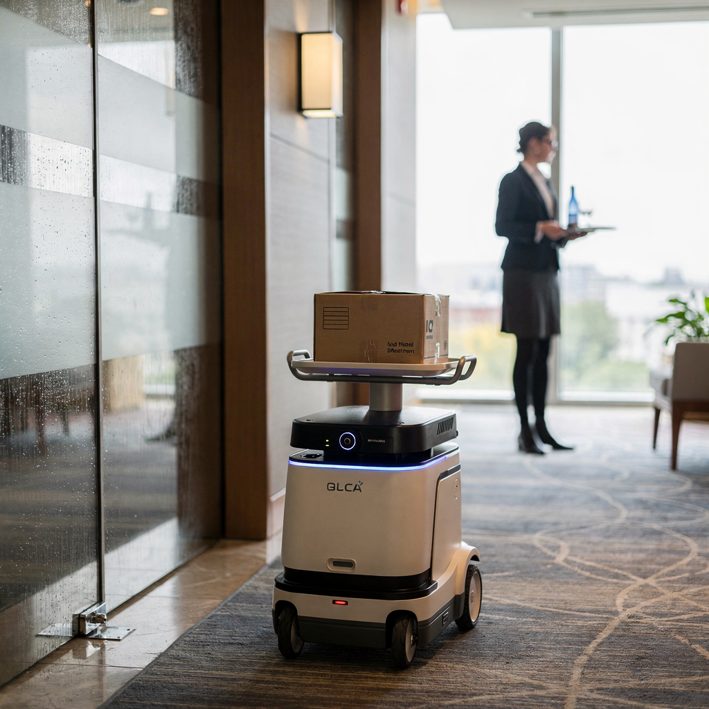 Robot de livrare în coridorul unui hotel livrând o tavă
