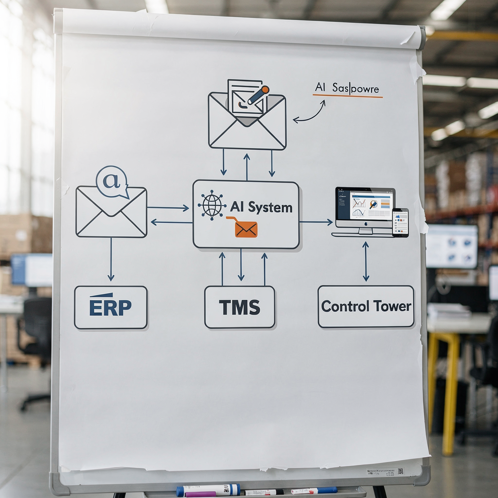 Diagrama de correo electrónico con IA integrándose con ERP y torre de control